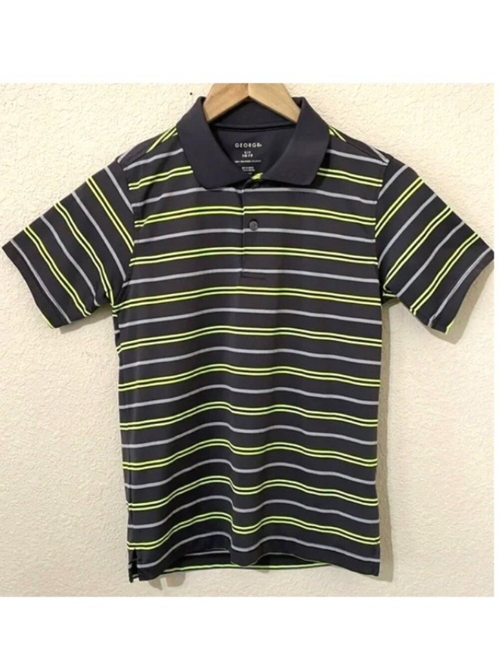 George Polo Shirt stripes dark gray bright green white Boys Size Large 10-12